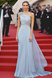 Élégante Robe de Gala Bleu Ciel Une Épaule Une Ligne Avec Perles