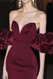Robe de Gala Sirène en satin bordeaux à manches bouffantes