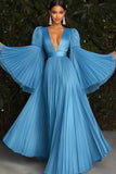 Robe de gala bleue plissée Deeep à col en V et manches longues