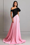 Robe de gala en crêpe noir et rose à une épaule