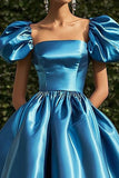 Col carré Manches Courtes Satin Bleu Robe de Gala Trapèze