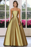 Chic Metallic Gold Satin A Line Robe de Gala Sans Bretelles