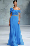 Bleu Une ligne dénudée épaule froncée robe longue bal de gala
