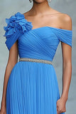 Bleu Une ligne dénudée épaule froncée robe longue bal de gala