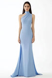 Robe longue de bal de gala en crêpe dos nu bleu clair fourreau
