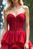 Ruché rouge chérie Rufled Une Ligne Longue Robe De Bal