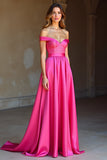 Satin Épaule Dénudée Une Ligne Simple Fuchsia Robe de Bal