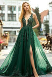 Robe longue de bal en tulle appliqué à col en V vert foncé avec fente