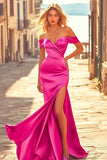 Robe de bal en satin sirène fuchsia à épaules dénudées