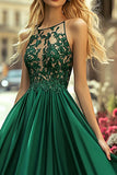 Satin vert foncé Une ligne appliquée robe longue de bal