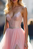 Robe de bal rose à bretelles spaghetti scintillante Corset avec fente