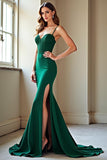 Robe de bal en dentelle sirène vert foncé avec fente