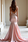 Robe de bal dos nu en satin sirène rose avec appliques de dentelle