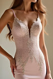 Robe de bal dos nu en satin sirène rose avec appliques de dentelle