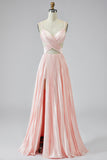 Une ligne robe de bal rose plissée à col en V avec fente