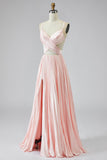 Une ligne robe de bal rose plissée à col en V avec fente