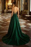 Vert foncé Une ligne dentelle col V Satin Robe longue de bal