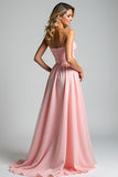 Mousseline de soie rose chérie une ligne froncée robe de demoiselle d’honneur