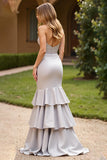 Satin argent longue sirène chérie robe de bal avec volants