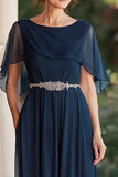 Robe en mousseline de soie A Line Capelet Marine Mère de la mariée avec taille perlée