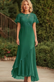 Robe mère de la mariée en mousseline de soie dentelle vert foncé à manches courtes