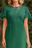 Robe mère de la mariée en mousseline de soie dentelle vert foncé à manches courtes