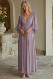 Robe mère de la mariée en mousseline de soie lilas à col en V avec demi-manches