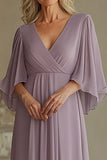 Robe mère de la mariée en mousseline de soie lilas à col en V avec demi-manches