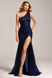 Robe longue de bal à paillettes bleu marine scintillante à une épaule avec fente