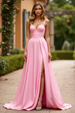 Rose A Ligne Spaghetti Bretelles Robe Longue De Bal Froncée Avec Fente