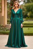 Vert foncé A ligne col V manches longues satin robe de bal longue