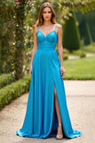 Bleu A Ligne Spaghetti Bretelles Robe Longue De Bal En Mousseline Avec Fente