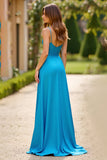 Bleu A Ligne Spaghetti Bretelles Robe Longue De Bal En Mousseline Avec Fente