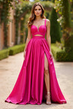 Fuchsia A Line Spaghetti Straps Satin Robe Longue De Bal Avec Fente