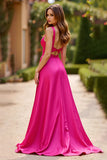 Fuchsia A Line Spaghetti Straps Satin Robe Longue De Bal Avec Fente