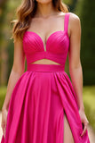 Fuchsia A Line Spaghetti Straps Satin Robe Longue De Bal Avec Fente