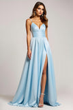 Une ligne Robe de bal longue en satin à bretelles spaghetti bleu ciel avec fente