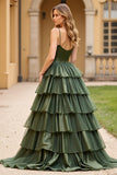 Robe de bal longue à bretelles spaghetti olive avec fente