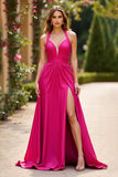 Robe longue de bal en satin fuchsia avec fente