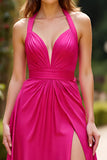 Robe longue de bal en satin fuchsia avec fente