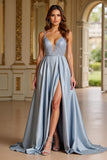 Robe longue de bal à paillettes à bretelles spaghetti bleu poussiéreux scintillante avec fente