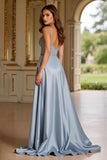 Robe longue de bal à paillettes à bretelles spaghetti bleu poussiéreux scintillante avec fente