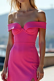 Fourreau Fuchsia Épaule Dénudée Robe De Bal En Satin Avec Fente