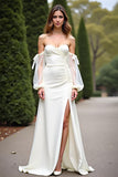 Fourreau Robe longue formelle en crêpe blanc à épaules dénudées