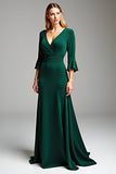 Vert foncé col V manches 3/4 fourreau mousseline de soie Robe mère de la mariée