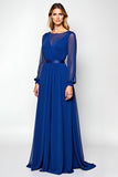 Robe en mousseline de soie bleu royal à manches longues une ligne mère de la mariée