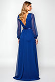Robe en mousseline de soie bleu royal à manches longues une ligne mère de la mariée