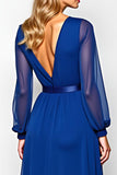 Robe en mousseline de soie bleu royal à manches longues une ligne mère de la mariée