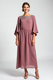 Robe vintage en mousseline de soie mauve à manches 3/4 mère de la mariée avec perles