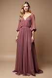 Vintage Mauve Ruché Une Ligne Demi Manches Col V Mousseline De Soie Robe Mère De La Mariée